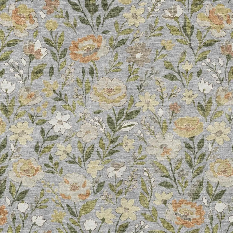 Floral patterned area rug in soft gray, featuring cream, peach, and green flowers, ideal for modern or vintage decor.