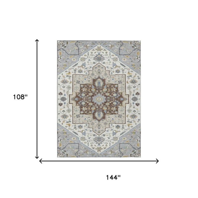 9' X 12' Gray And Ivory Floral Medallion Washable Indoor Outdoor Area Rug Homeroots Outdoor