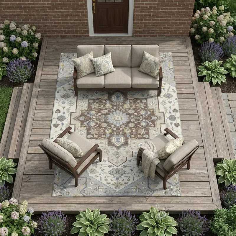 9' X 12' Gray And Ivory Floral Medallion Washable Indoor Outdoor Area Rug Homeroots Outdoor