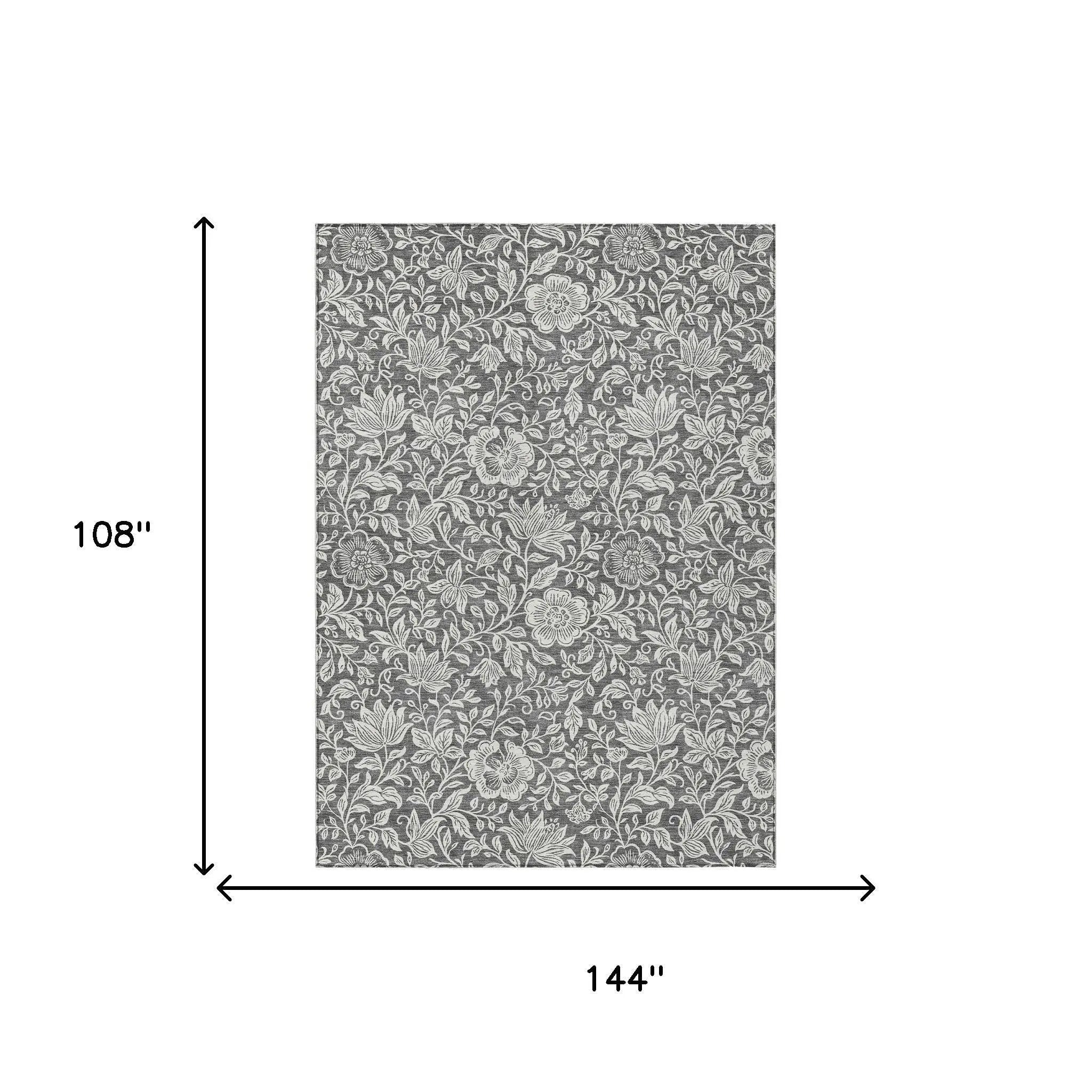 9' X 12' Gray And Ivory Floral Washable Indoor Outdoor Area Rug Homeroots Outdoor