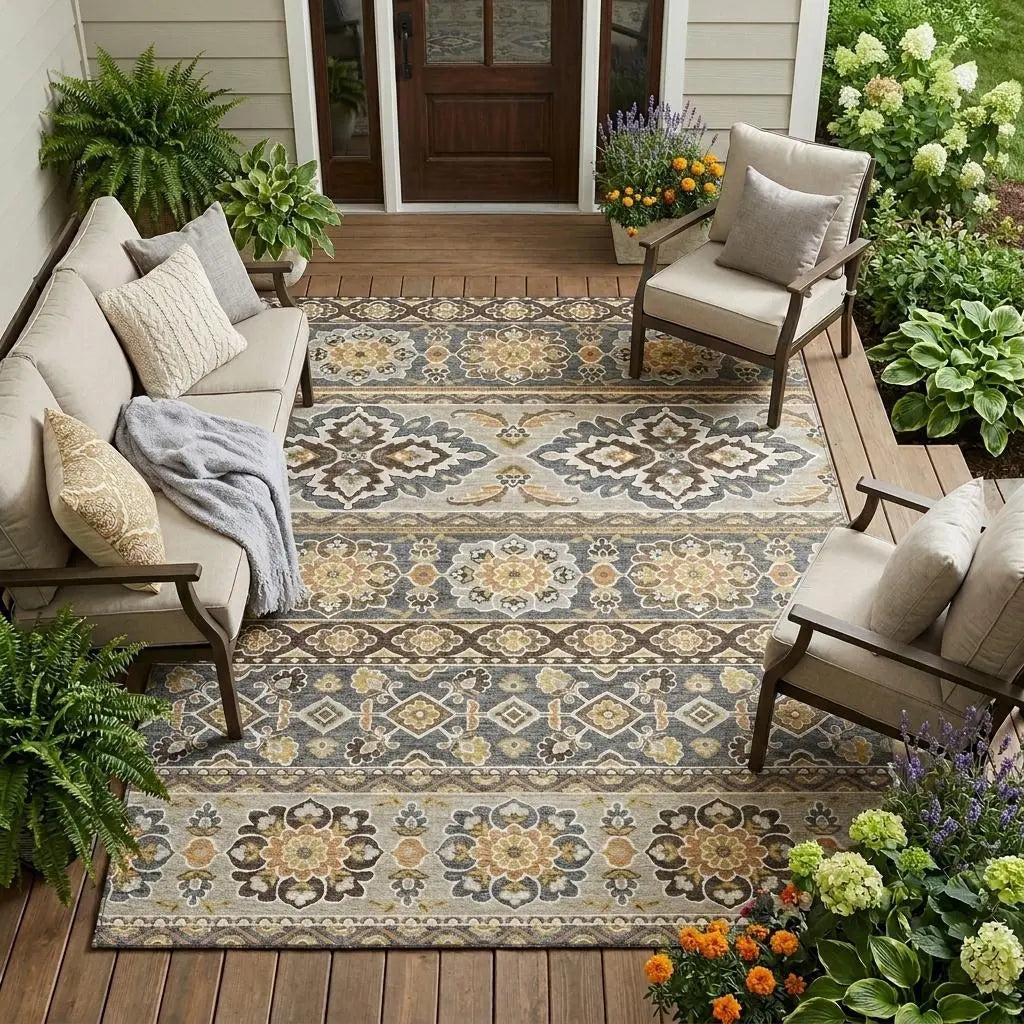 9' X 12' Gray And Ivory Tribal Washable Indoor Outdoor Area Rug Homeroots Outdoor