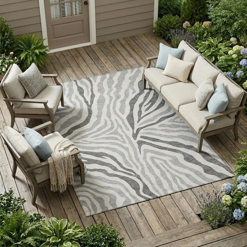 9' X 12' Gray And Ivory Zebra Print Washable Indoor Outdoor Area Rug Homeroots Outdoor