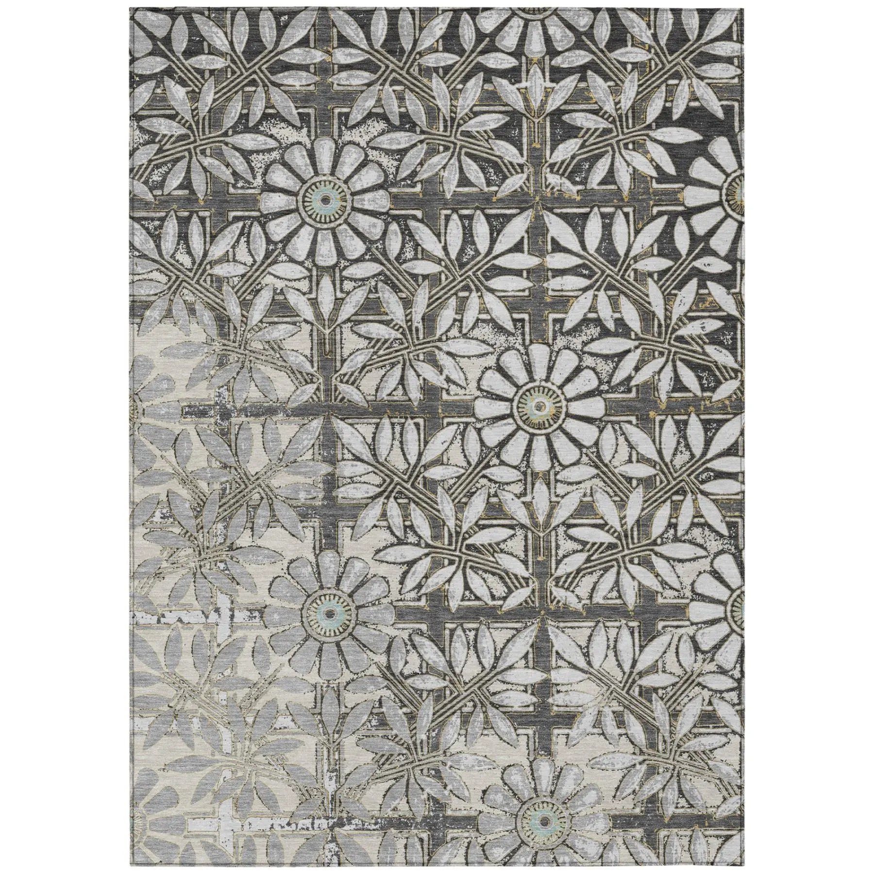 Gray and white floral-patterned area rug with intricate designs, made of soft synthetic fibers, elegant modern style.