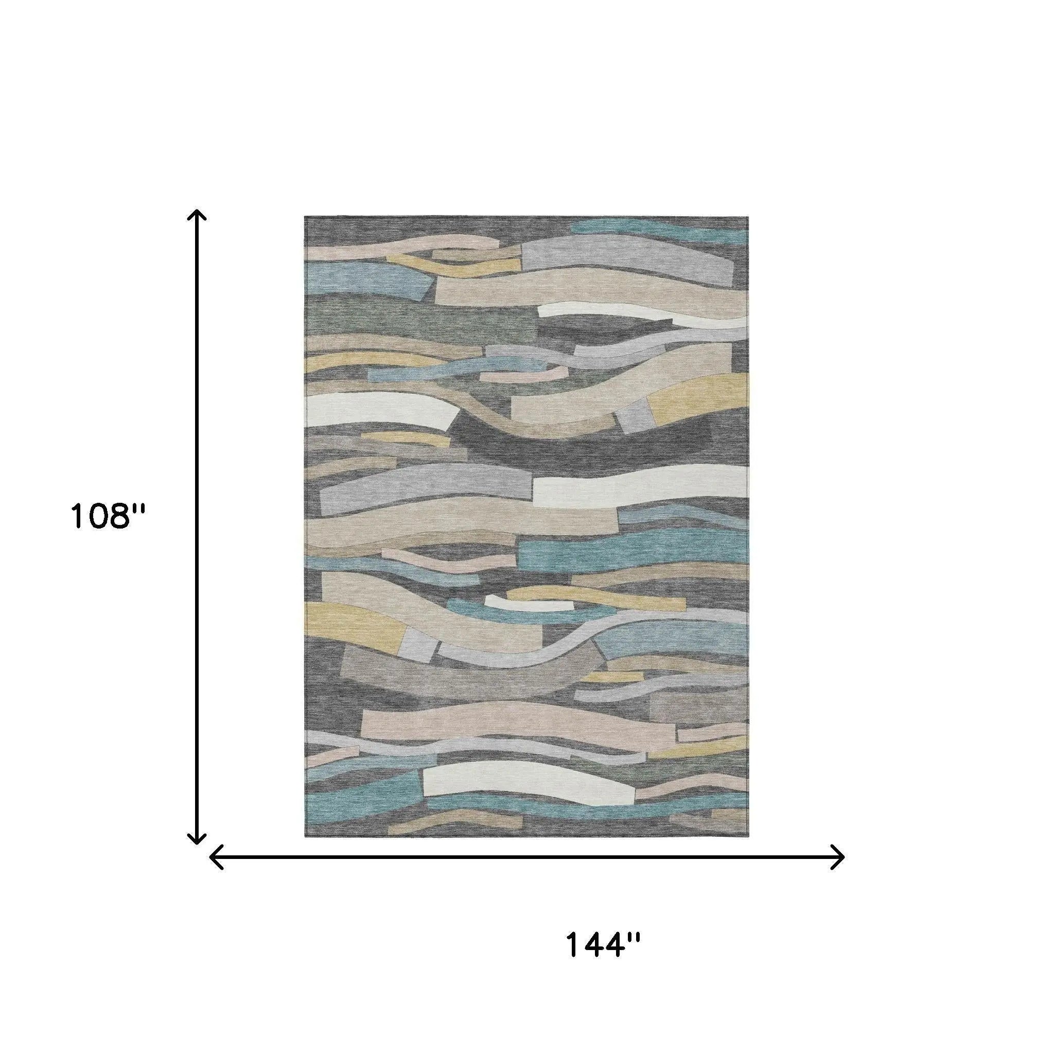 Multicolor abstract area rug, 12' by 9', made of durable polyester, featuring wavy gray, beige, and teal patterns.
