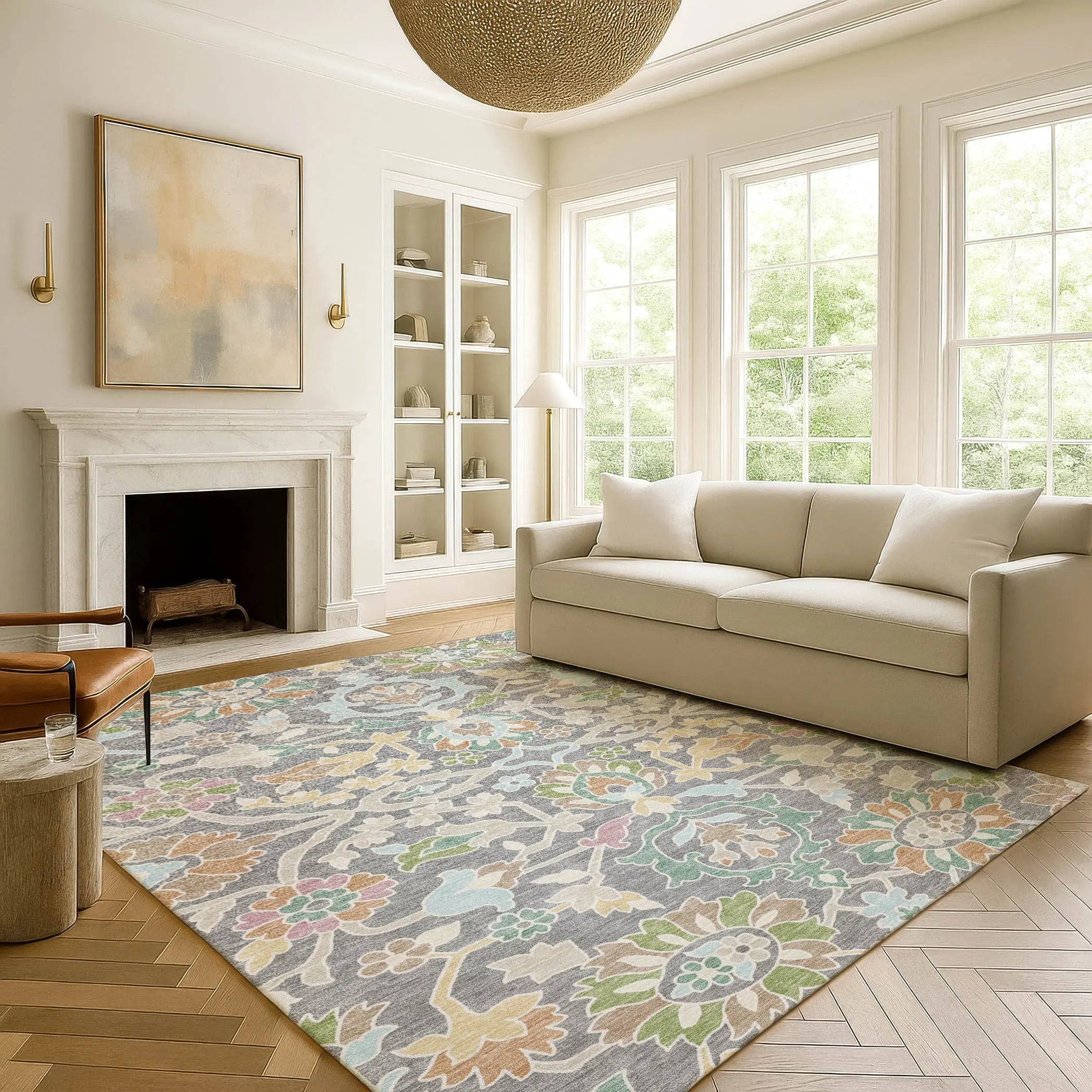 9' X 12' Gray And Silver Floral Washable Indoor Outdoor Area Rug Homeroots Outdoor