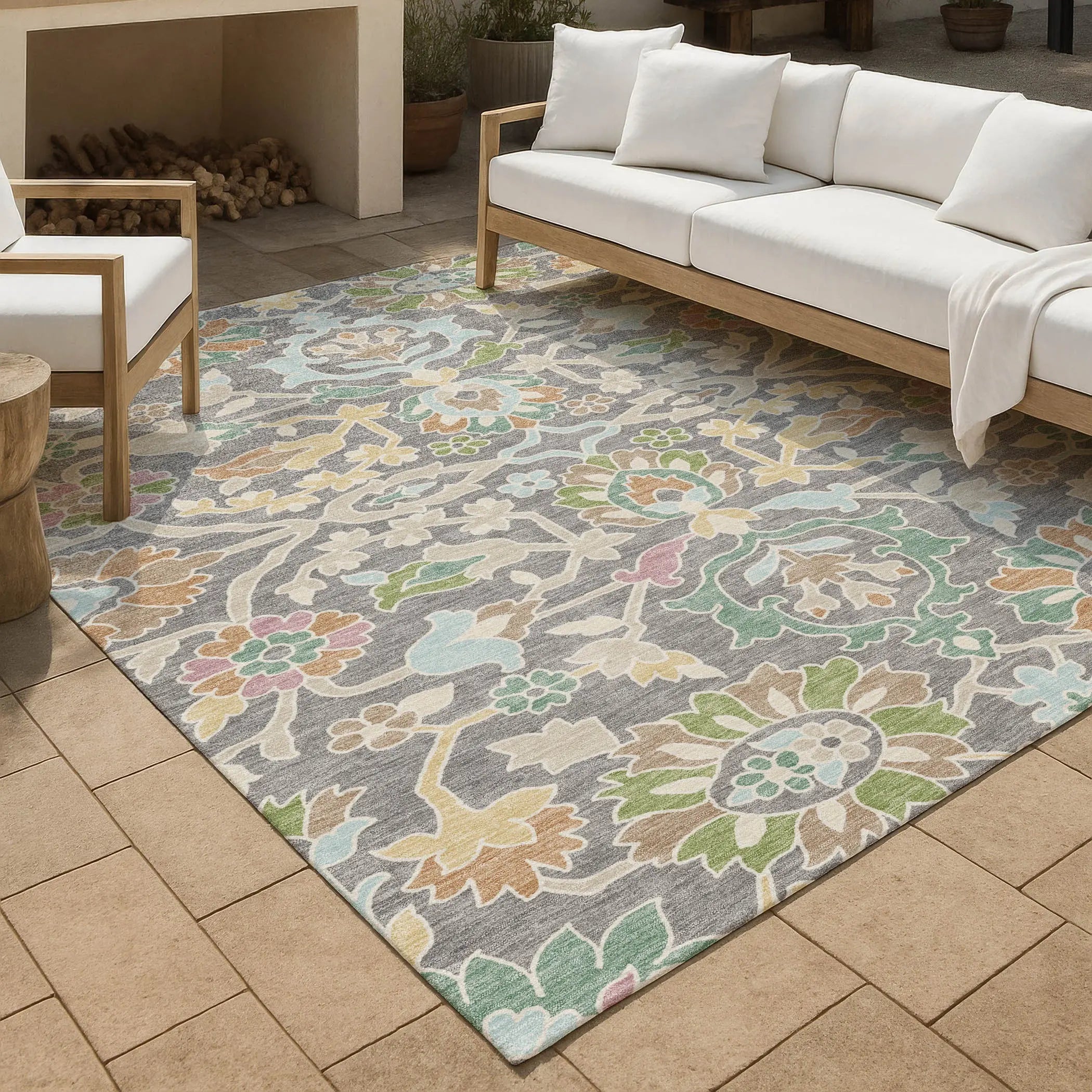 9' X 12' Gray And Silver Floral Washable Indoor Outdoor Area Rug Homeroots Outdoor