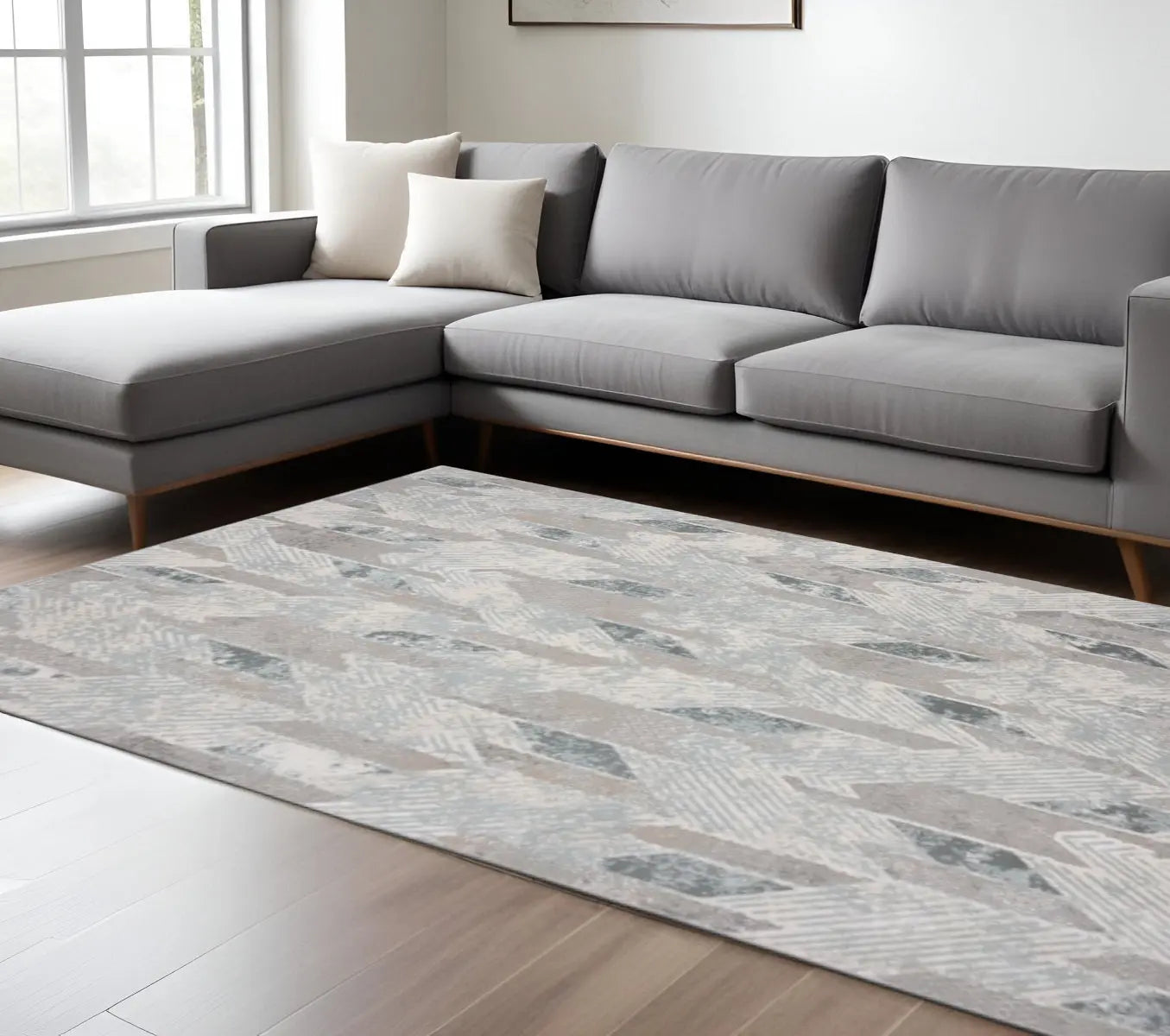9' X 12' Gray Blue And Cream Geometric Distressed Stain Resistant Area Rug Homeroots Home Decor