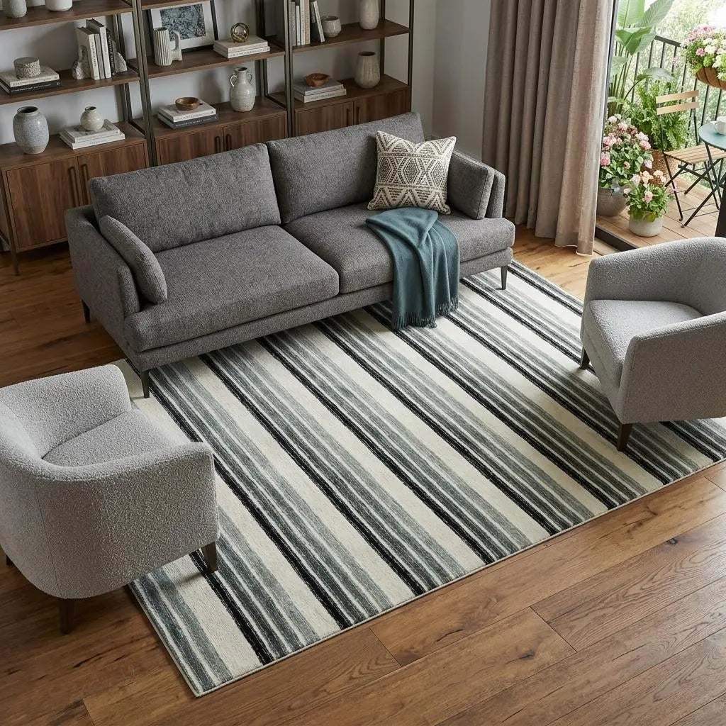 9' X 12' Gray Ivory And Charcoal Wool Striped Hand Tufted Area Rug Homeroots Home Decor