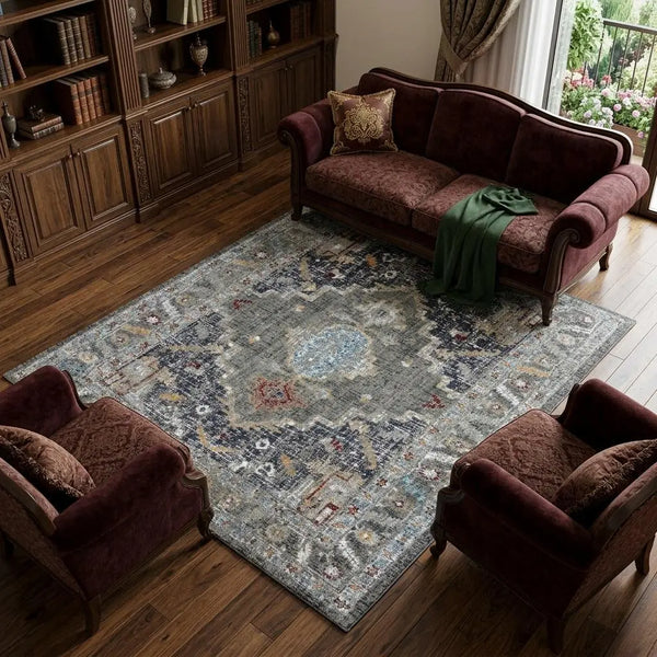 9' X 12' Gray Red Blue Orange And Ivory Medallion Hand Carved Handmade Area Rug Homeroots Home Decor