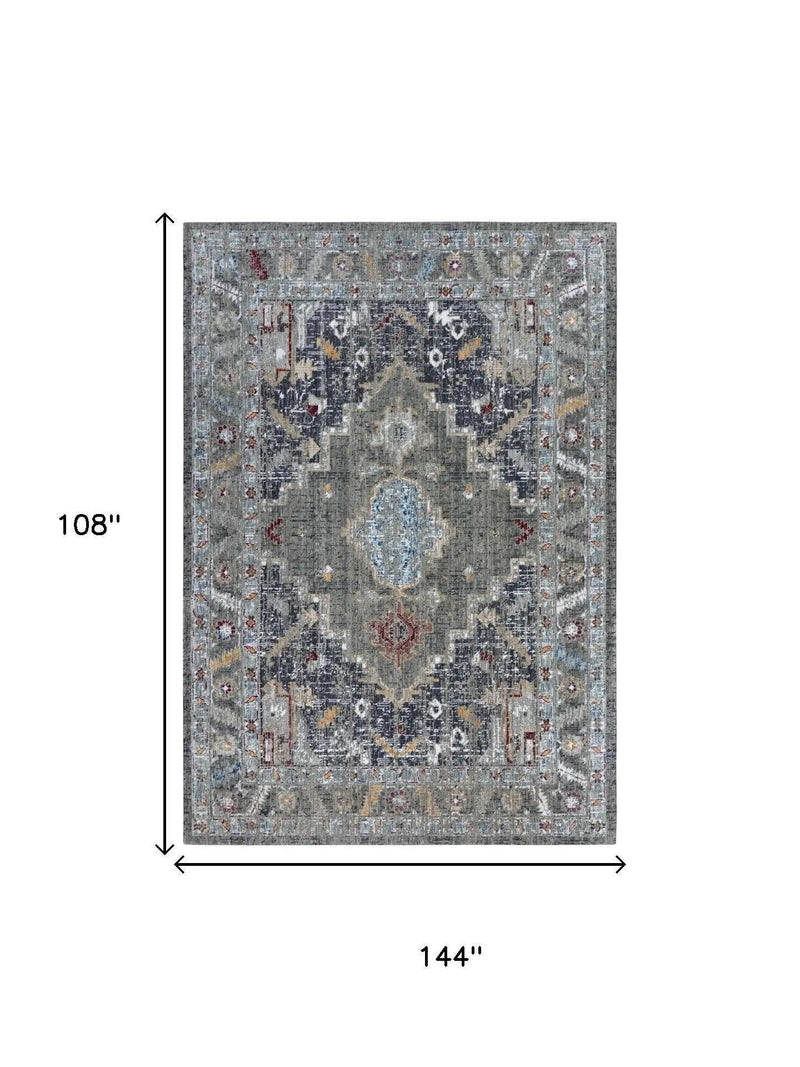 9' X 12' Gray Red Blue Orange And Ivory Medallion Hand Carved Handmade Area Rug Homeroots Home Decor