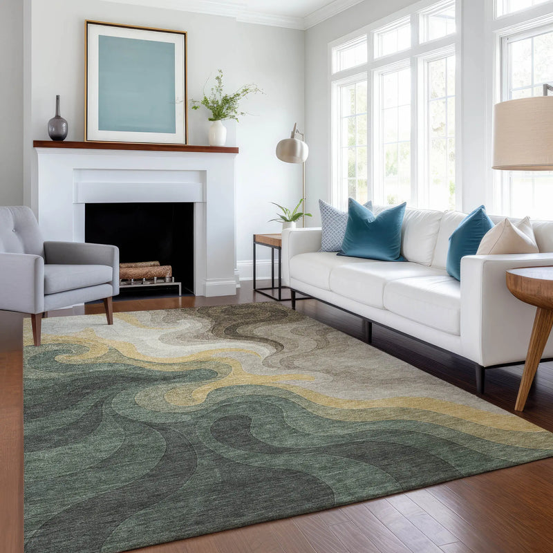 9' X 12' Green And Beige Abstract Washable Indoor Outdoor Area Rug Homeroots Outdoor