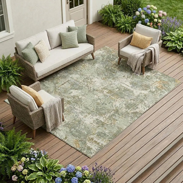 9' X 12' Green And Beige Abstract Washable Indoor Outdoor Area Rug Homeroots Outdoor