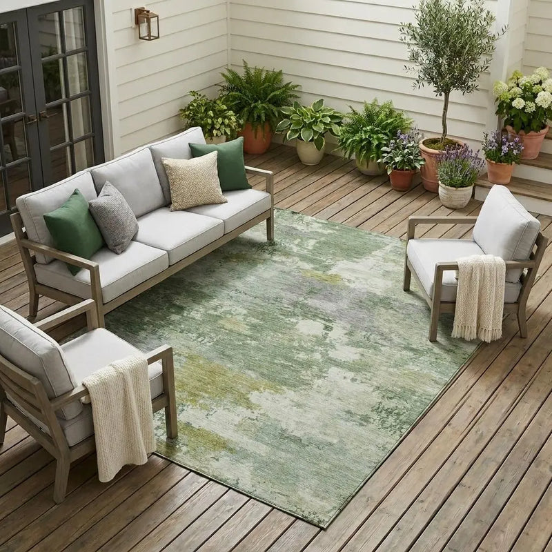 9' X 12' Green And Beige Abstract Washable Indoor Outdoor Area Rug Homeroots Outdoor
