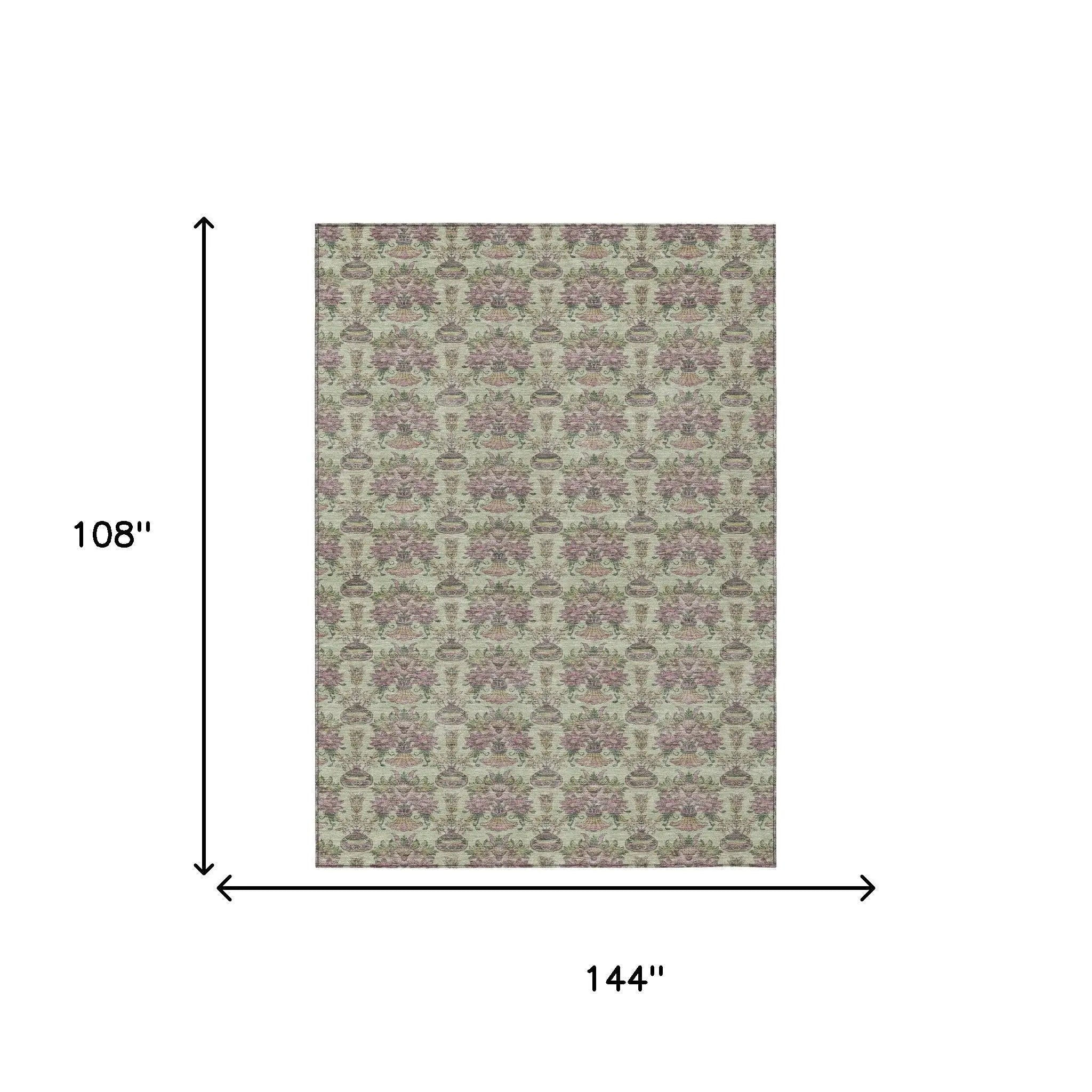 9' X 12' Green And Beige Floral Washable Indoor Outdoor Area Rug Homeroots Outdoor
