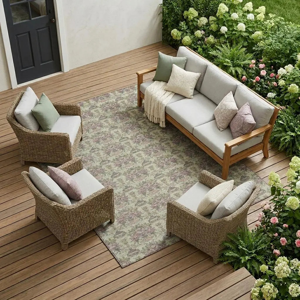 9' X 12' Green And Beige Floral Washable Indoor Outdoor Area Rug Homeroots Outdoor