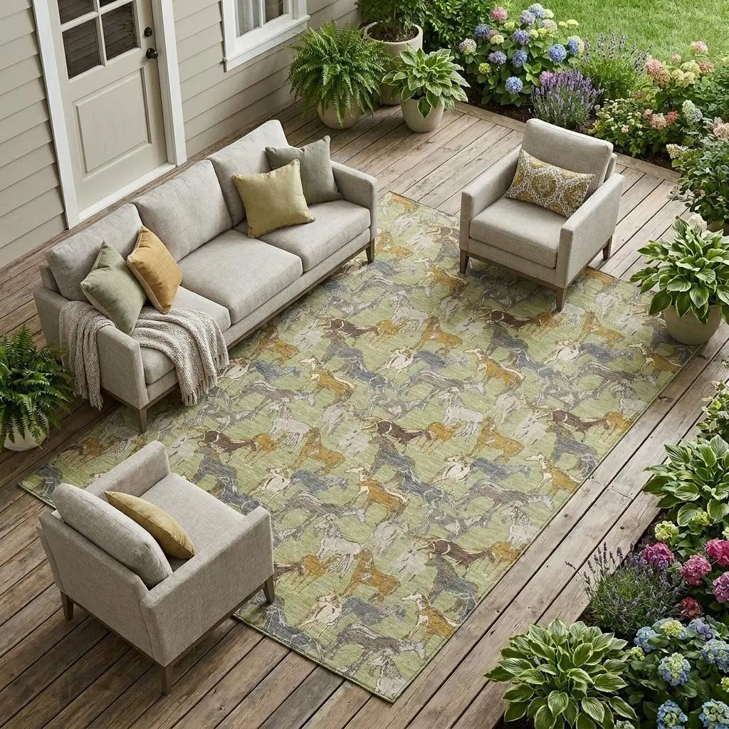 9' X 12' Green And Beige Horse Washable Indoor Outdoor Area Rug Homeroots Outdoor