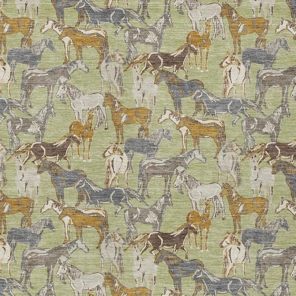 9' X 12' Green And Beige Horse Washable Indoor Outdoor Area Rug Homeroots Outdoor