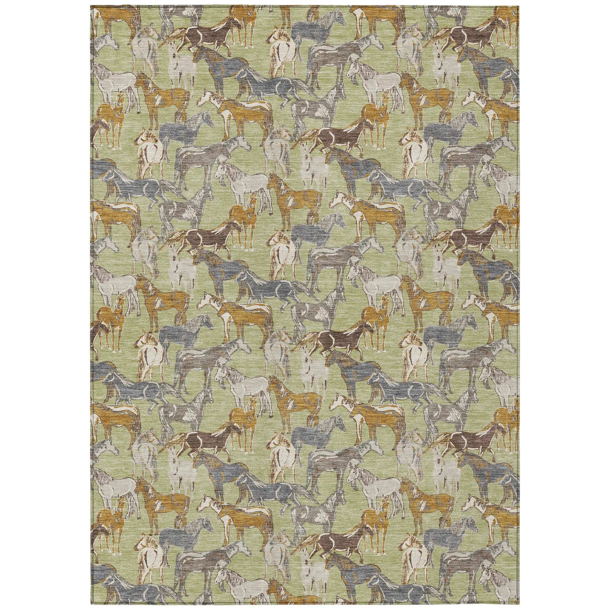 9' X 12' Green And Beige Horse Washable Indoor Outdoor Area Rug Homeroots Outdoor