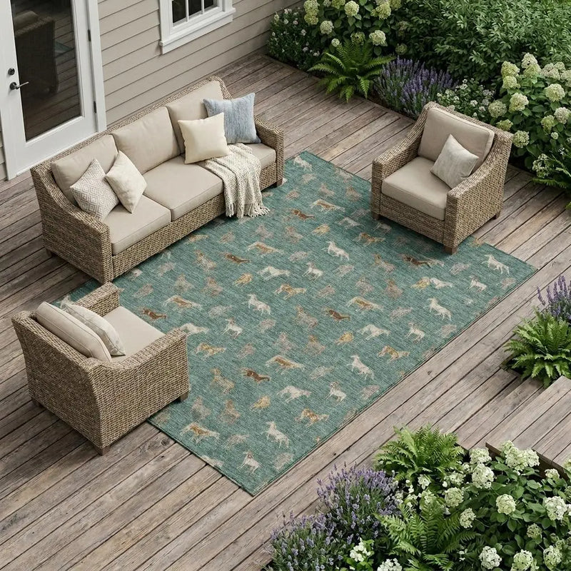 9' X 12' Green And Beige Horse Washable Indoor Outdoor Area Rug Homeroots Outdoor