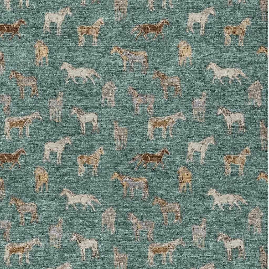 9' X 12' Green And Beige Horse Washable Indoor Outdoor Area Rug Homeroots Outdoor