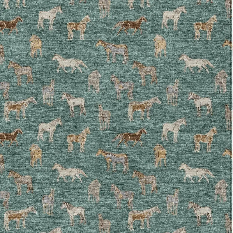 9' X 12' Green And Beige Horse Washable Indoor Outdoor Area Rug Homeroots Outdoor