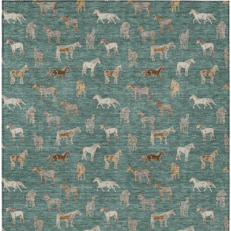 9' X 12' Green And Beige Horse Washable Indoor Outdoor Area Rug Homeroots Outdoor