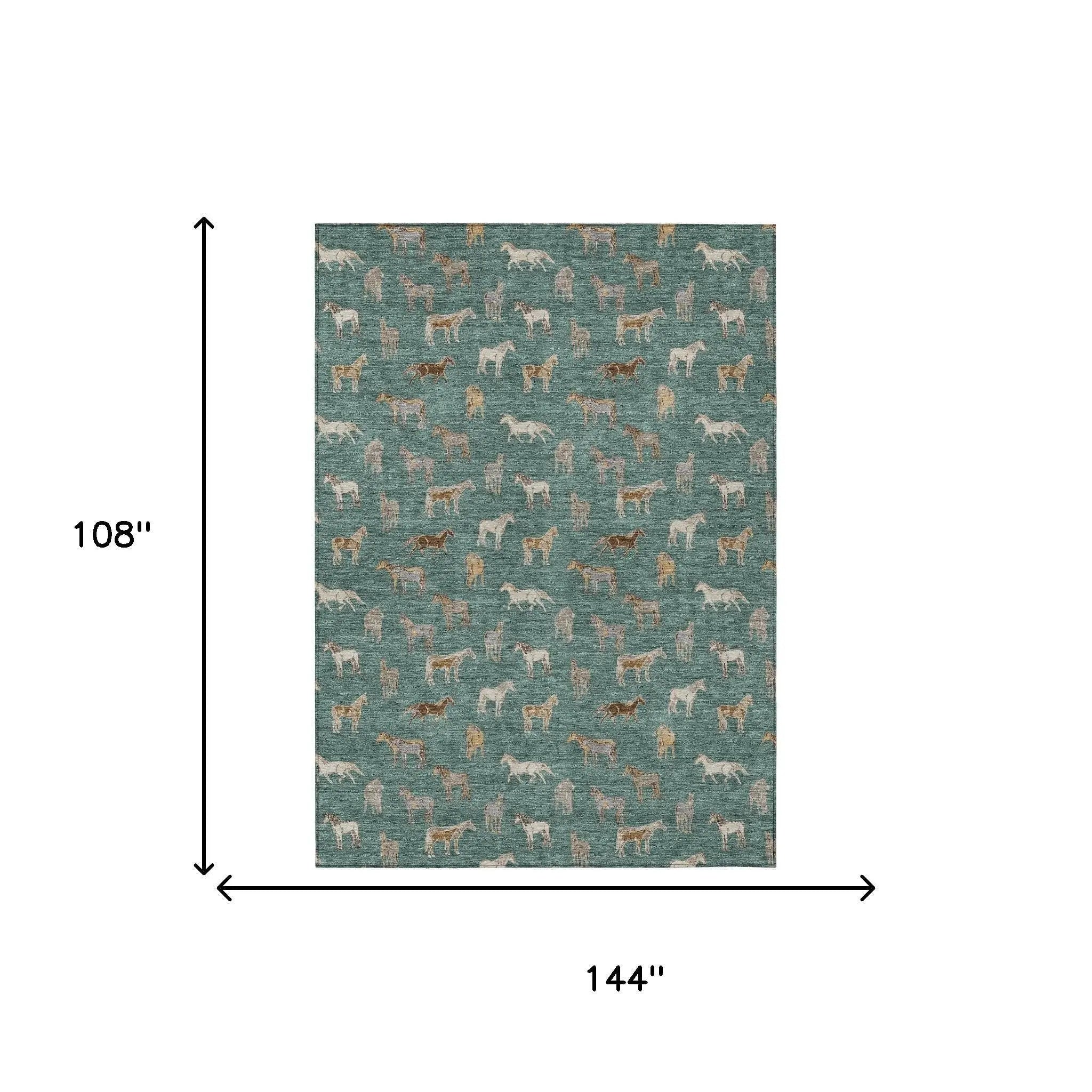 9' X 12' Green And Beige Horse Washable Indoor Outdoor Area Rug Homeroots Outdoor