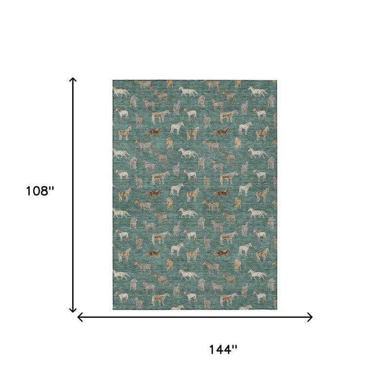 9' X 12' Green And Beige Horse Washable Indoor Outdoor Area Rug Homeroots Outdoor