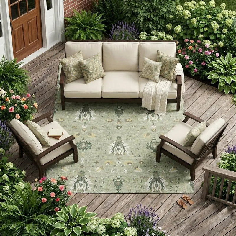 9' X 12' Green And Beige Oriental Washable Indoor Outdoor Area Rug Homeroots Outdoor