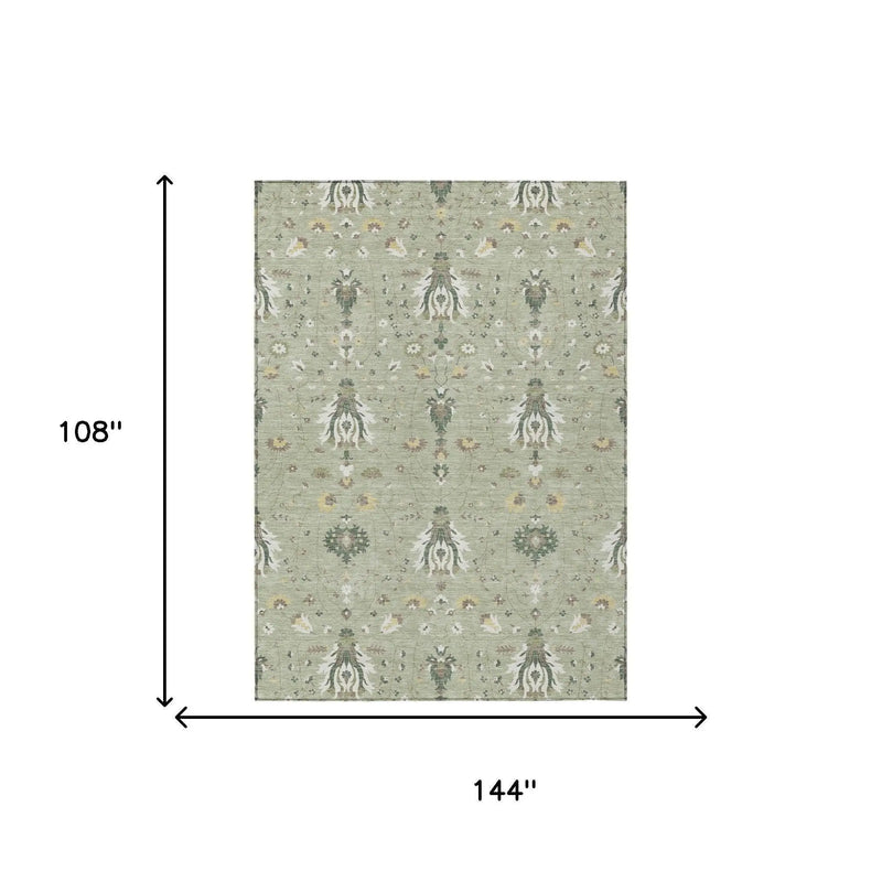 9' X 12' Green And Beige Oriental Washable Indoor Outdoor Area Rug Homeroots Outdoor