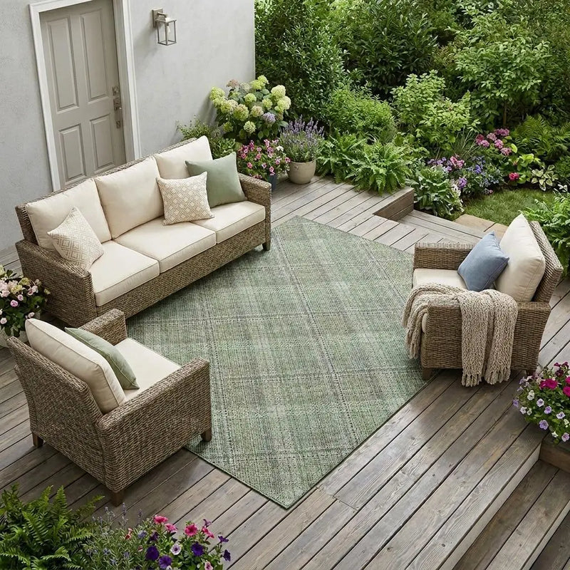 9' X 12' Green And Beige Plaid Washable Indoor Outdoor Area Rug Homeroots Outdoor