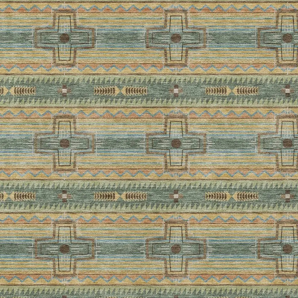 9' X 12' Green And Beige Tribal Washable Indoor Outdoor Area Rug Homeroots Outdoor