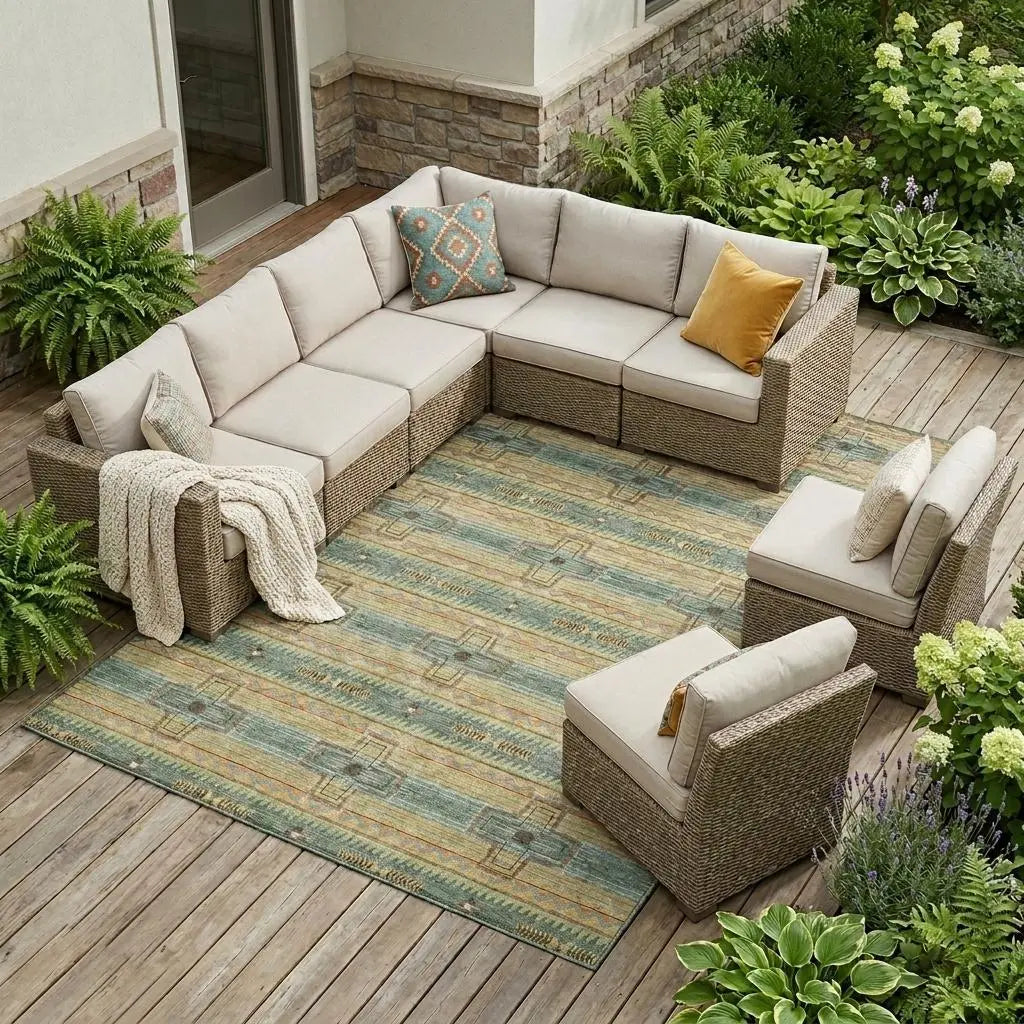 9' X 12' Green And Beige Tribal Washable Indoor Outdoor Area Rug Homeroots Outdoor