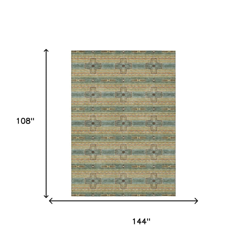 9' X 12' Green And Beige Tribal Washable Indoor Outdoor Area Rug Homeroots Outdoor