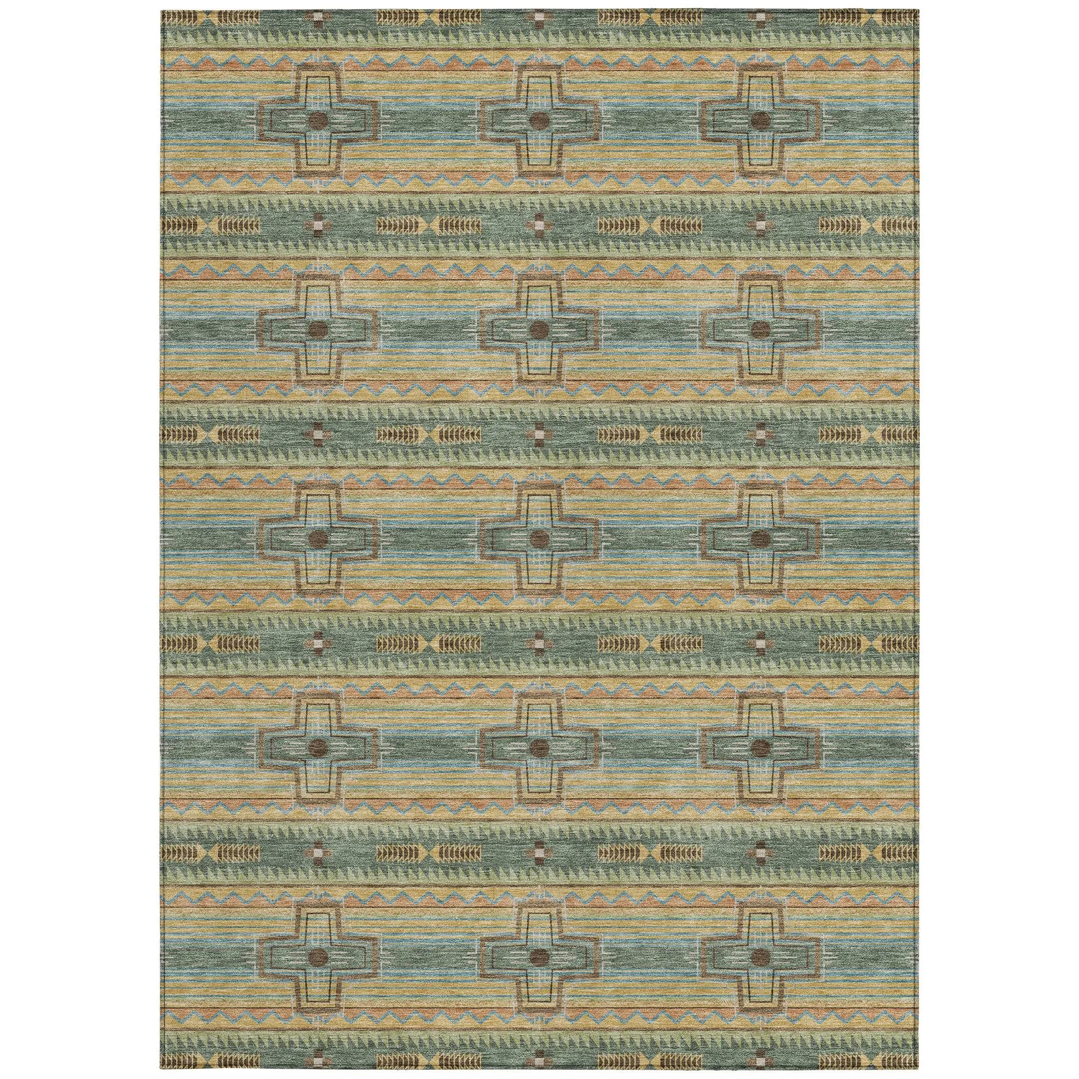 9' X 12' Green And Beige Tribal Washable Indoor Outdoor Area Rug Homeroots Outdoor