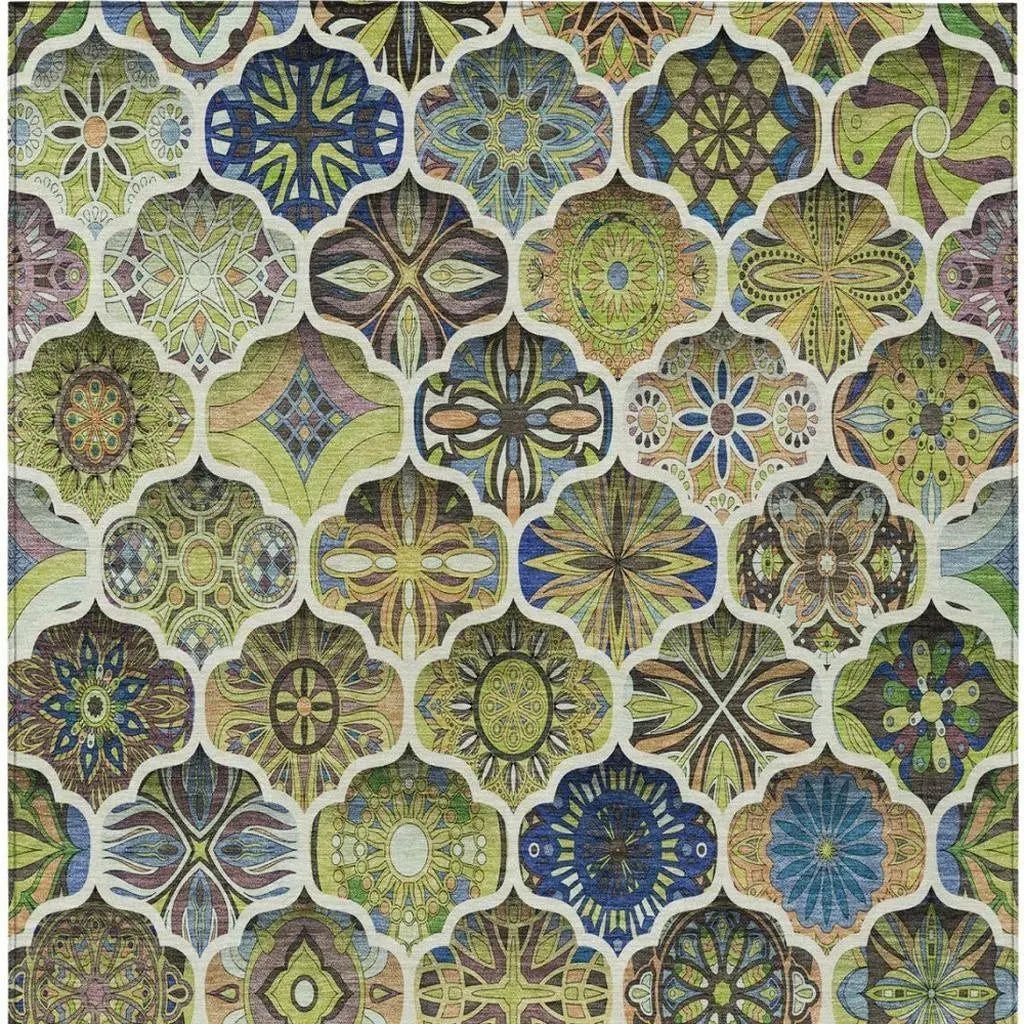 9' X 12' Green And Blue Ogee Washable Indoor Outdoor Area Rug Homeroots Outdoor