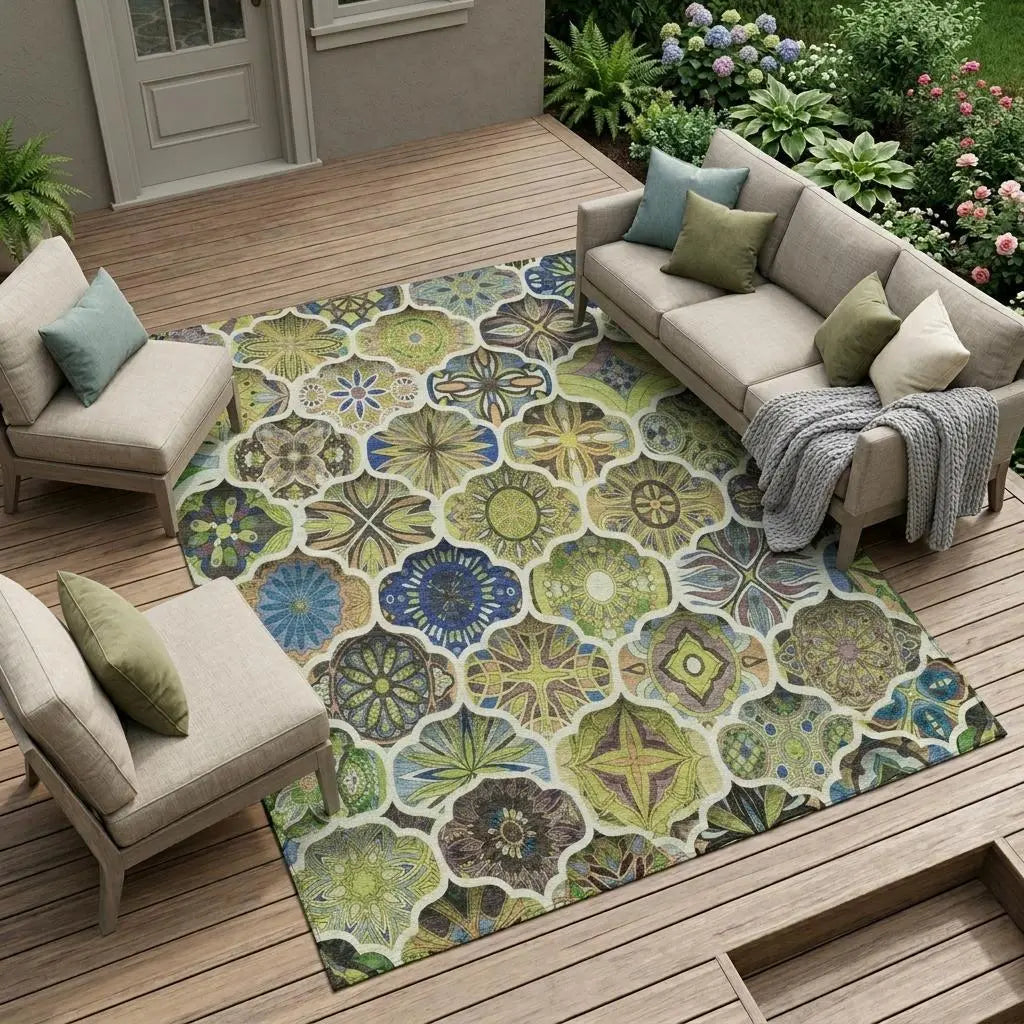 9' X 12' Green And Blue Ogee Washable Indoor Outdoor Area Rug Homeroots Outdoor