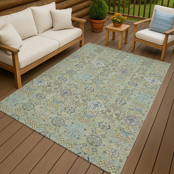 9' X 12' Green And Blue Oriental Washable Indoor Outdoor Area Rug Homeroots Outdoor