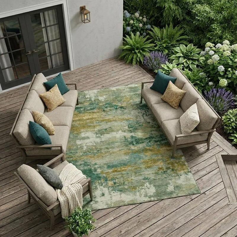 9' X 12' Green And Brown Abstract Washable Indoor Outdoor Area Rug Homeroots Outdoor
