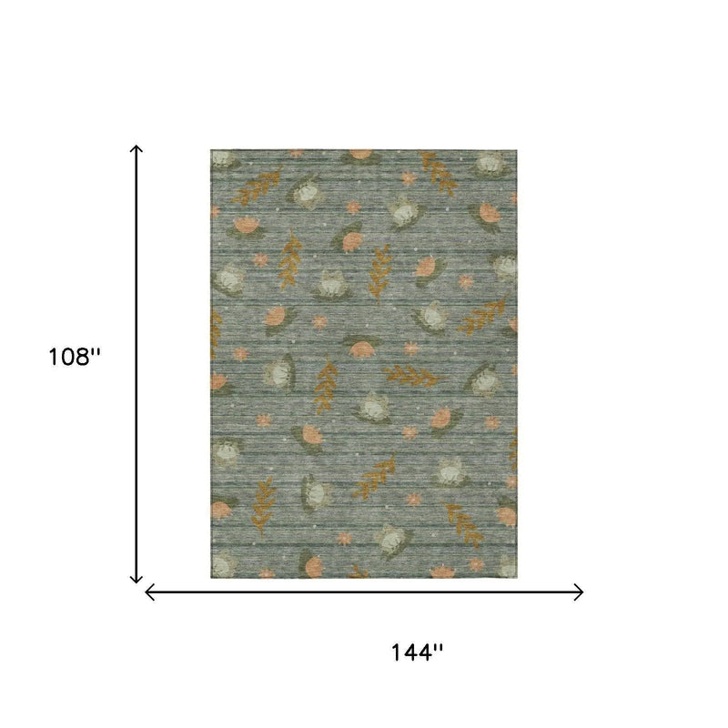 9' X 12' Green And Brown Botanical Leaves Washable Indoor Outdoor Area Rug Homeroots Outdoor