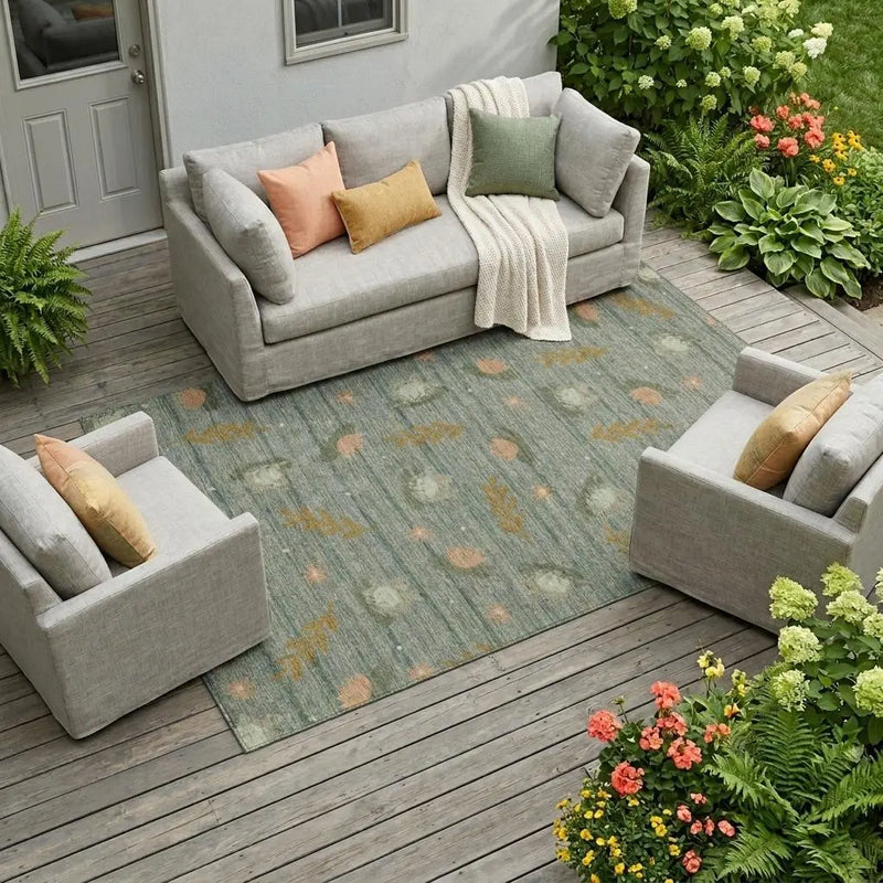 9' X 12' Green And Brown Botanical Leaves Washable Indoor Outdoor Area Rug Homeroots Outdoor