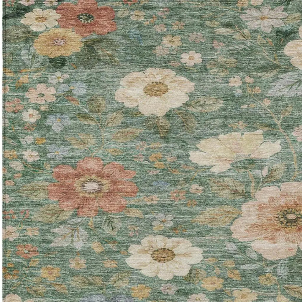 9' X 12' Green And Brown Floral Washable Indoor Outdoor Area Rug Homeroots Outdoor