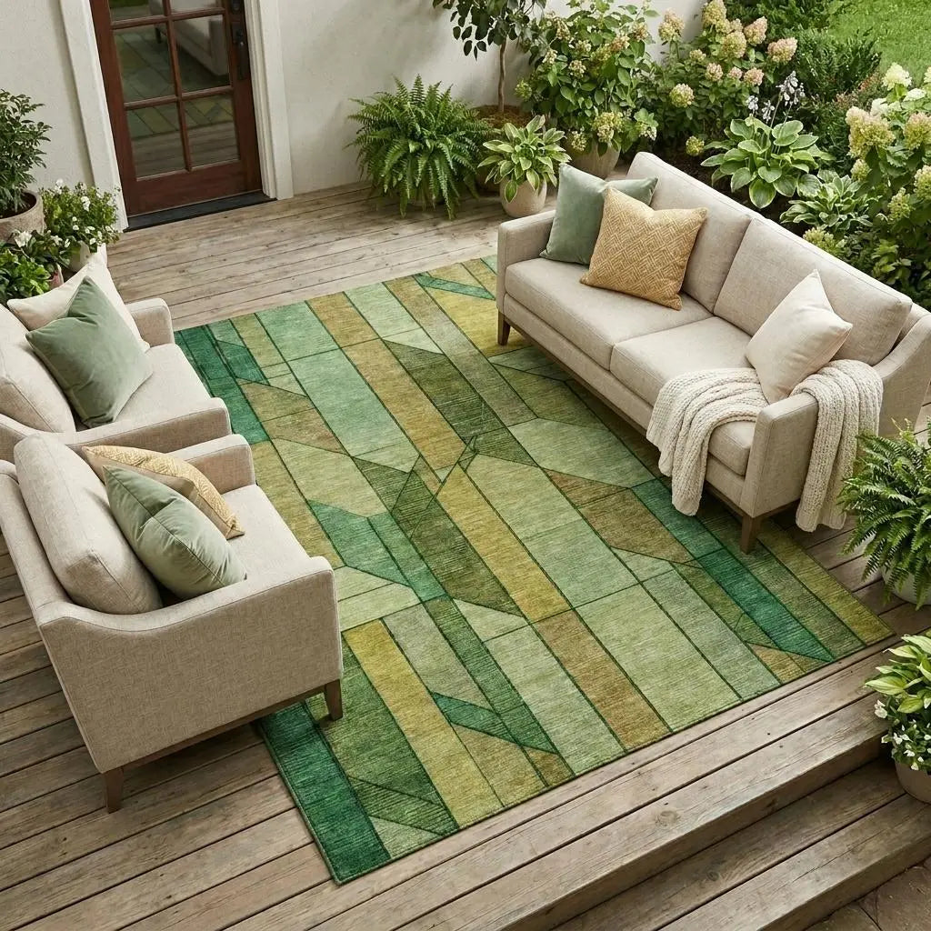 9' X 12' Green And Brown Geometric Washable Indoor Outdoor Area Rug Homeroots Outdoor