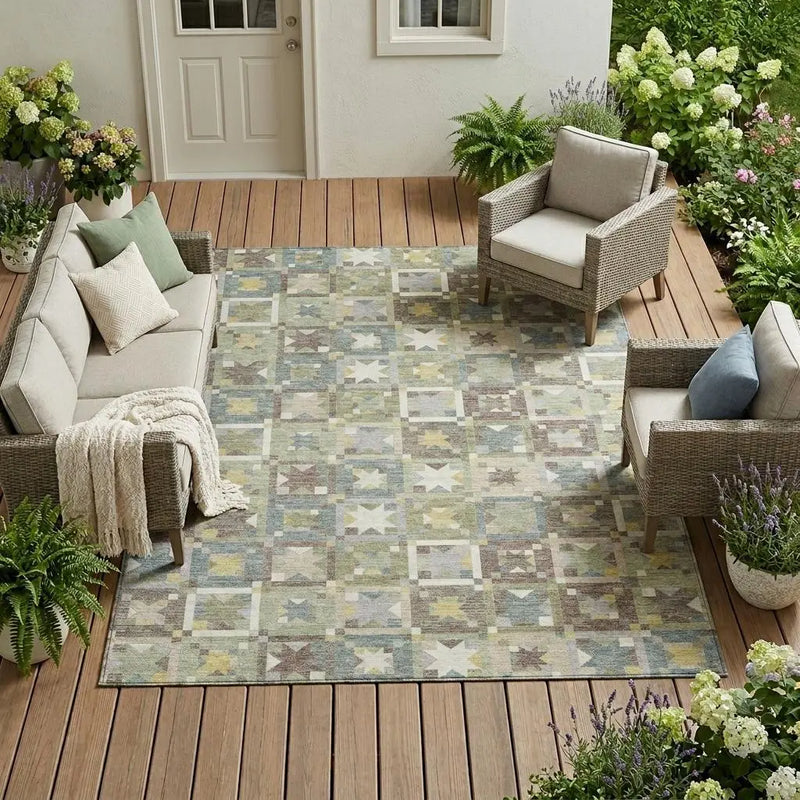 9' X 12' Green And Brown Patchwork Washable Indoor Outdoor Area Rug Homeroots Outdoor
