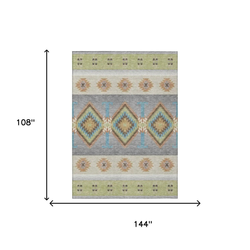 9' X 12' Green And Brown Southwestern Washable Indoor Outdoor Area Rug Homeroots Outdoor