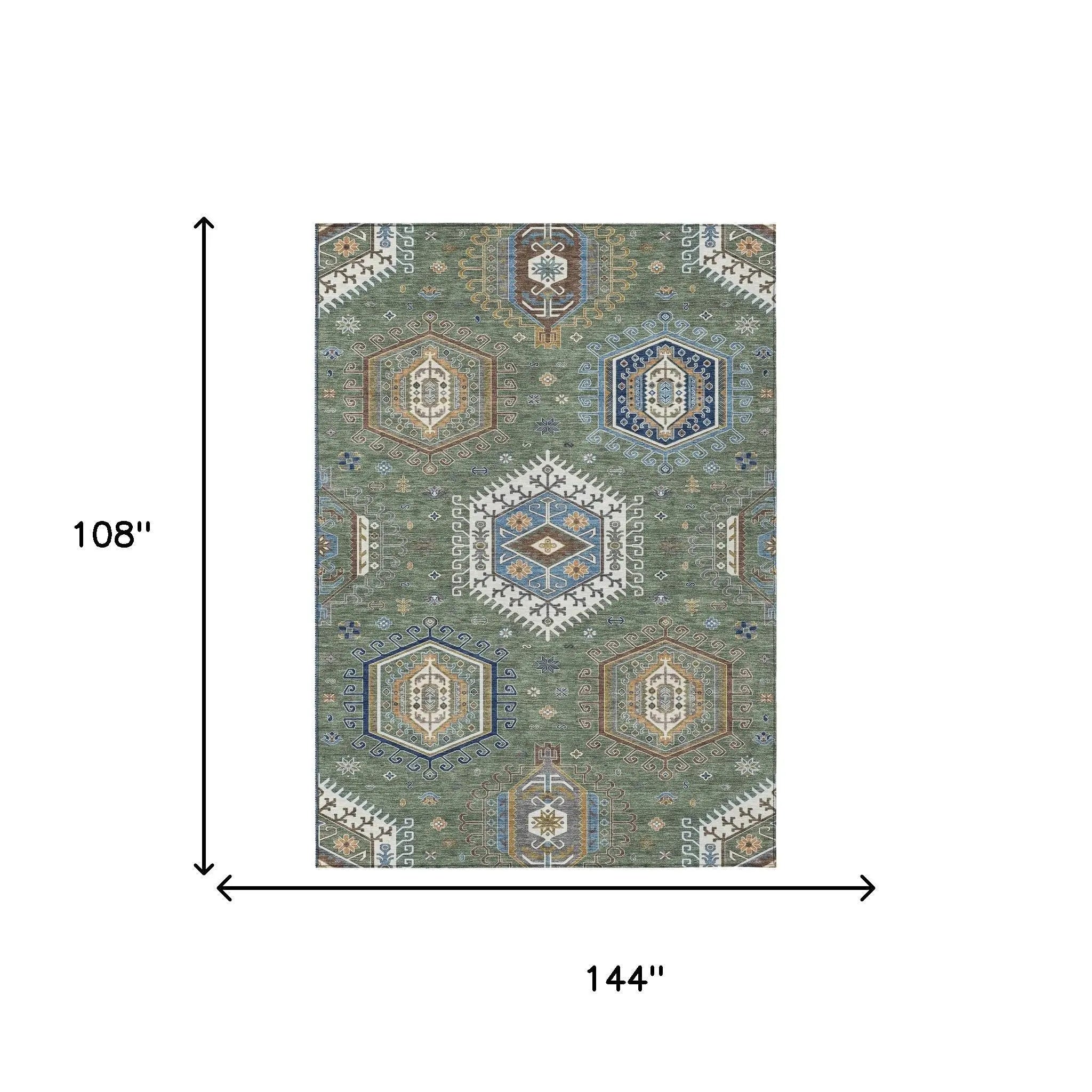 9' X 12' Green And Brown Tribal Washable Indoor Outdoor Area Rug Homeroots Outdoor