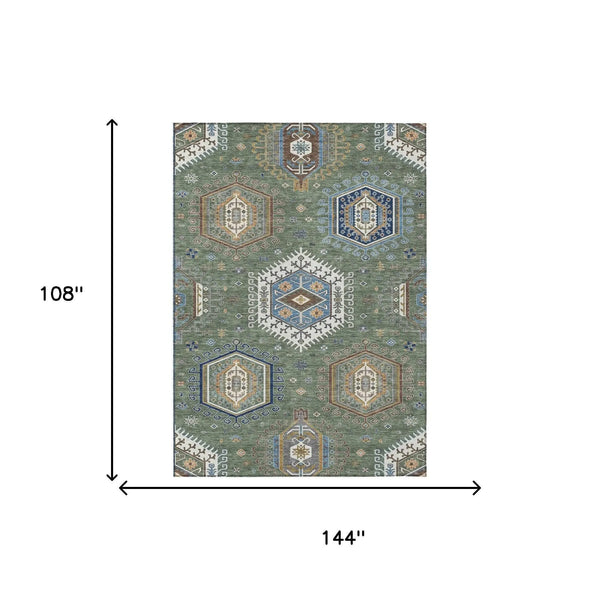 9' X 12' Green And Brown Tribal Washable Indoor Outdoor Area Rug Homeroots Outdoor