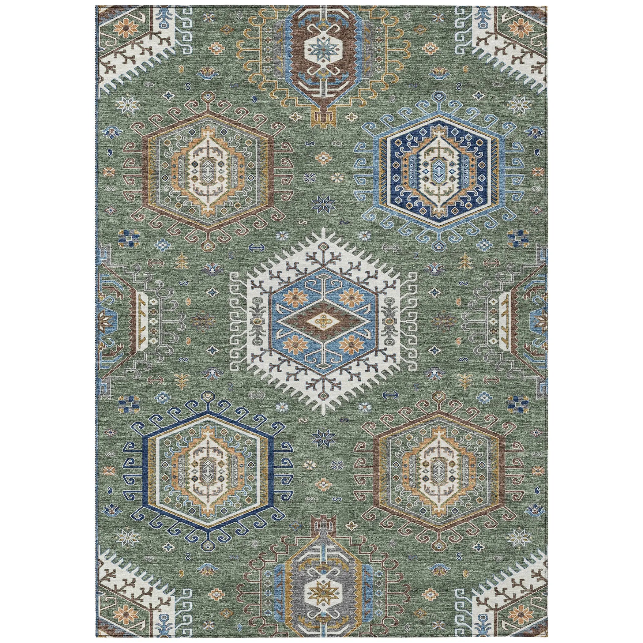 9' X 12' Green And Brown Tribal Washable Indoor Outdoor Area Rug Homeroots Outdoor