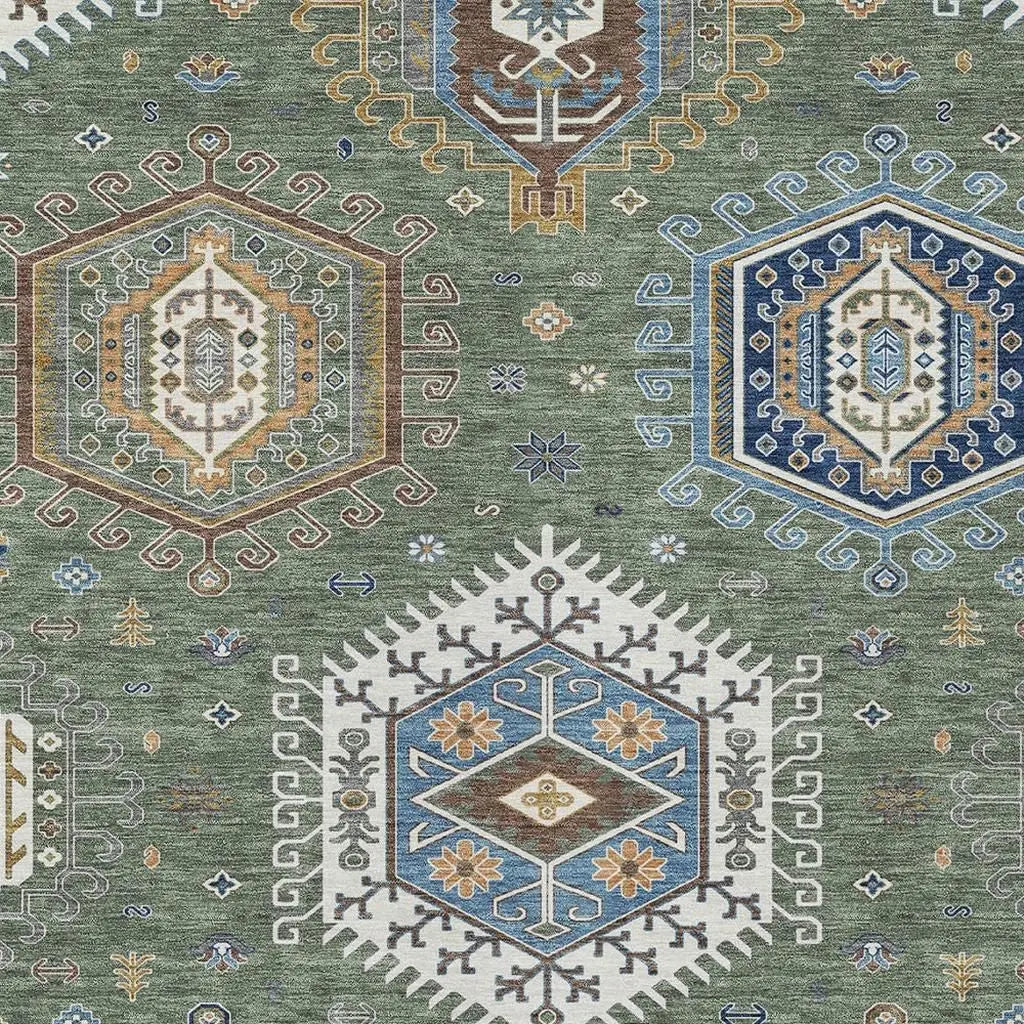 9' X 12' Green And Brown Tribal Washable Indoor Outdoor Area Rug Homeroots Outdoor