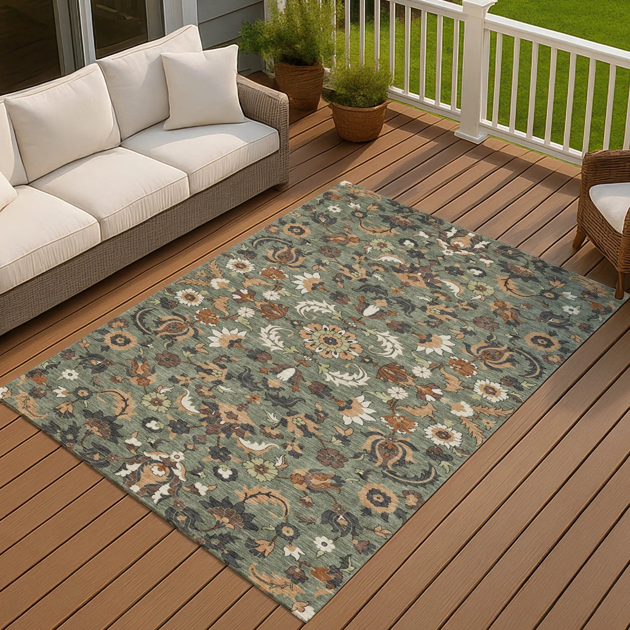 9' X 12' Green And Charcoal Floral Medallion Washable Indoor Outdoor Area Rug Homeroots Outdoor